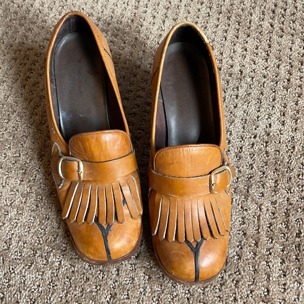 Vintage Leather Stacked Heel Loafers